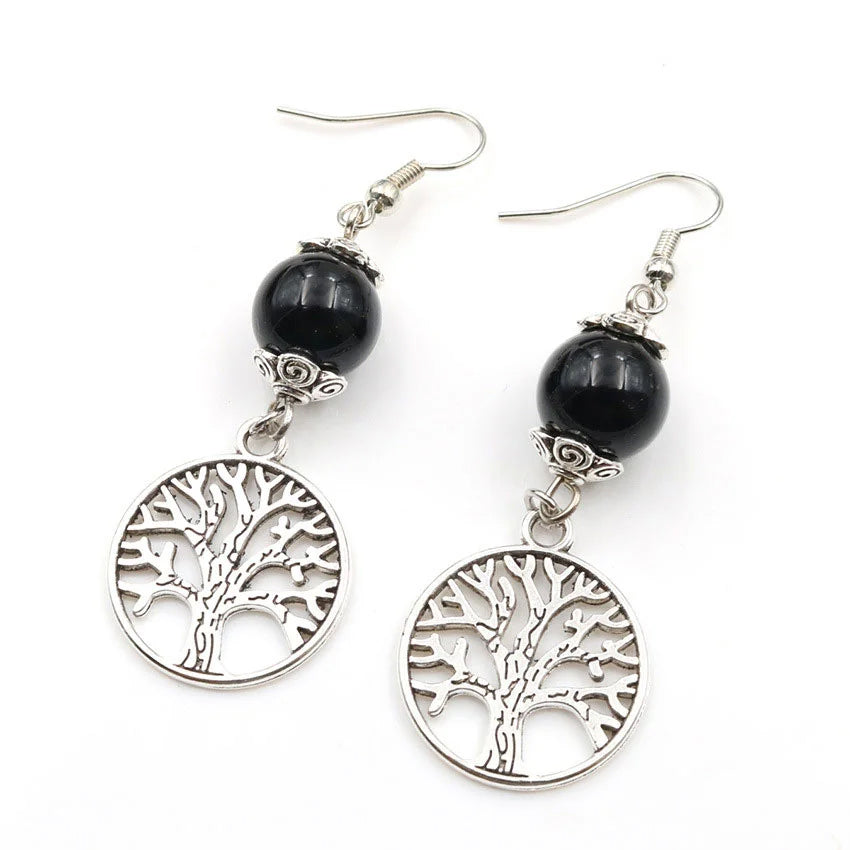 Black Agate Gemstone Tree of Life Earrings