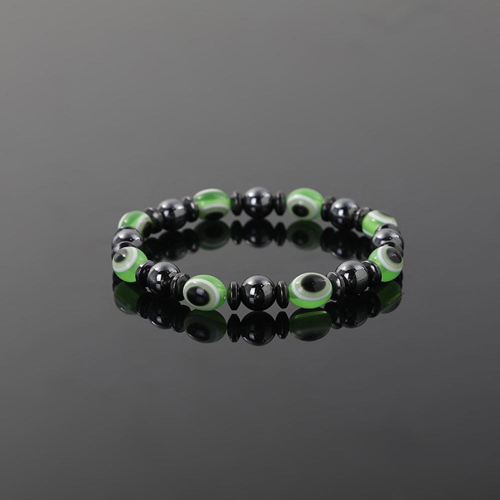 Evil Eye Bracelet Hematite with Acrylic Evil Eye Beads (Green)