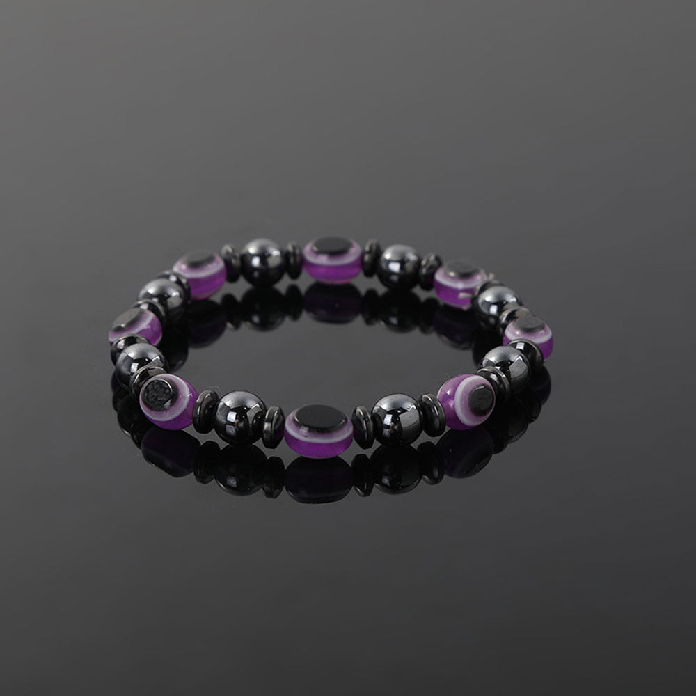 Evil Eye Bracelet Hematite with Acrylic Evil Eye Beads (Purple)