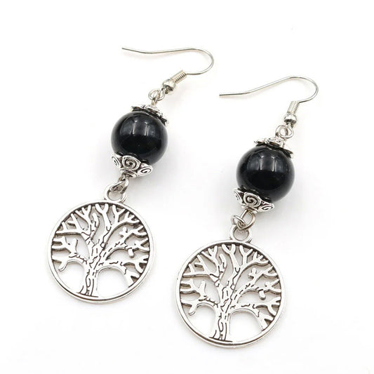 Black Agate Gemstone Tree of Life Earrings