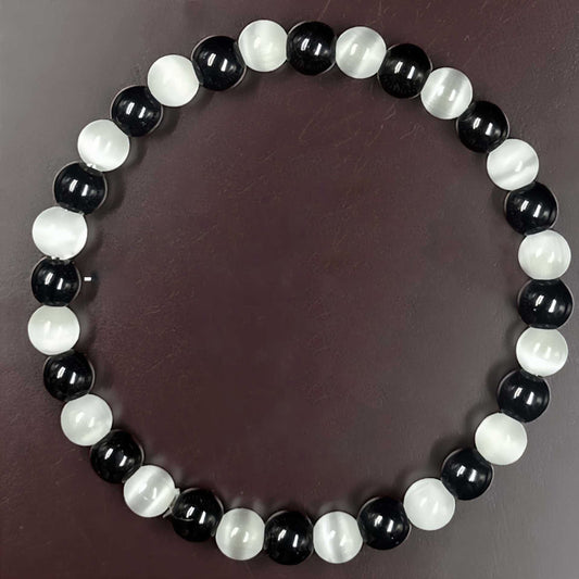 Black Tourmaline & Selenite Gemstone 8mm Bracelet