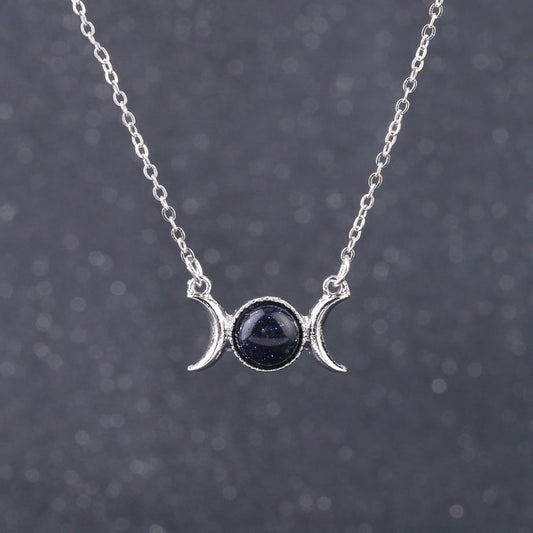 Blue Goldstone Triple Moon Necklace