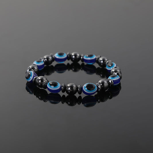 Evil Eye Bracelet Hematite with Acrylic Evil Eye Beads (Blue)