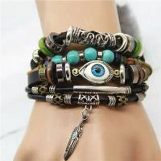 Evil Eye Multi Strand Bracelet with Feather