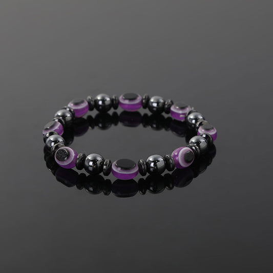 Evil Eye Bracelet Hematite with Acrylic Evil Eye Beads (Purple)