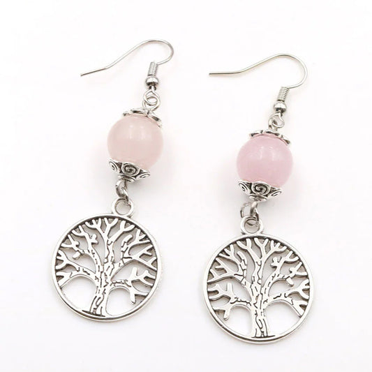 Rose Quartz Gemstone Tree of Life Earrings